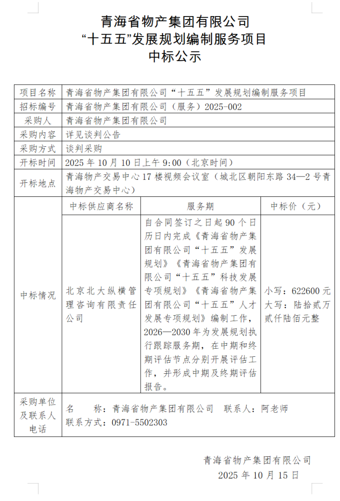 青海省物產(chǎn)集團有限公司 &ldquo;十五五&rdquo;發(fā)展規(guī)劃編制服務項目 中標公示
